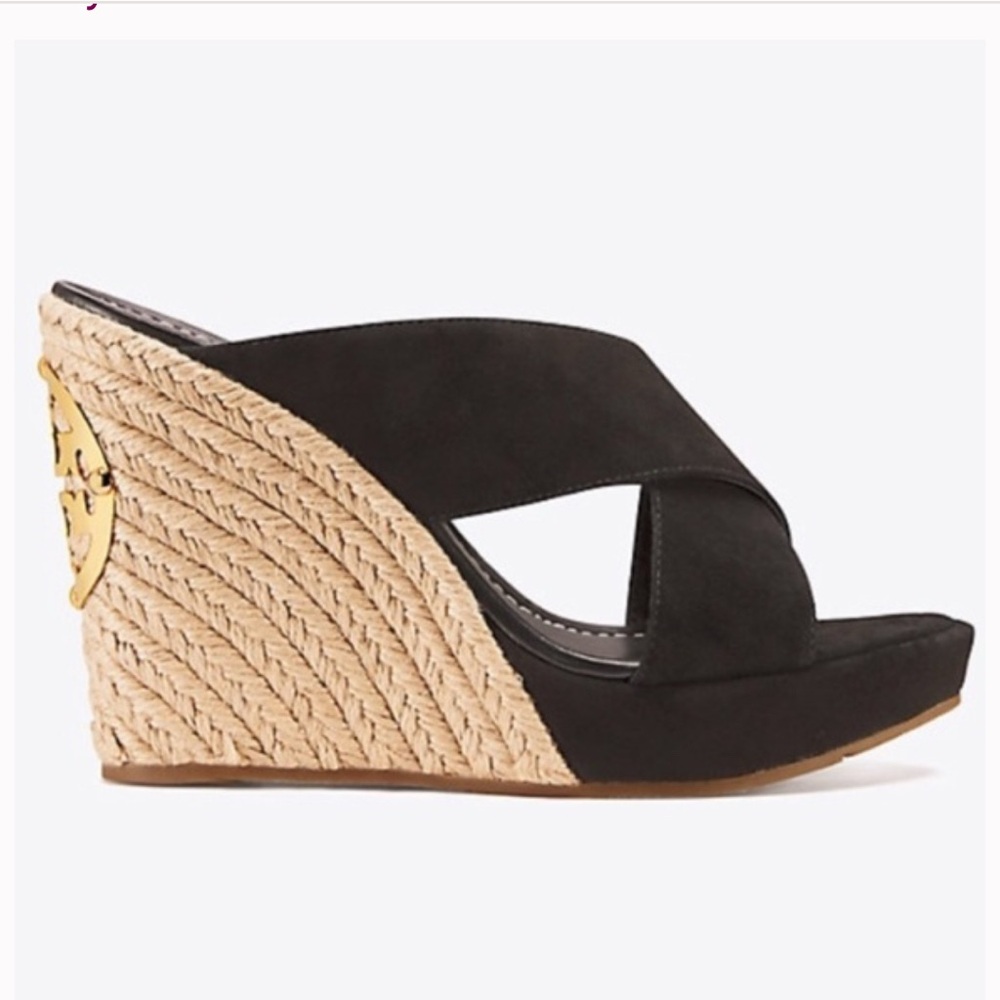 Tory Burch Bailey Suede Wedge Espadrille Sandal in Black | 9.5